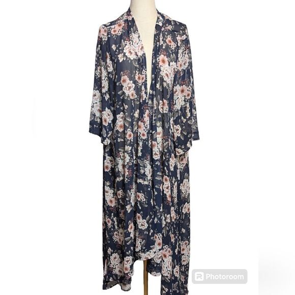 Torrid Blue Floral Chiffon Maxi Kimono - Picture 1 of 6